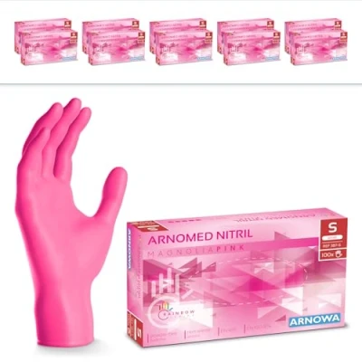 Imagen de ARNOMED guantes nitrilo talla S, rosa, de nitrilo, 2000 unidades (20 cajas), desechables sin polvo, goma látex, en tallas XS, M, L y XL