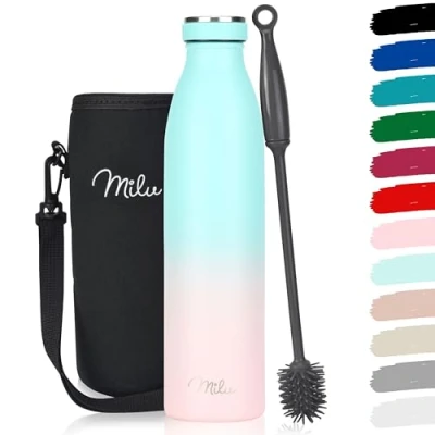 Imagen de Milu botella de acero inoxidable 350ml 500ml 750 ml 1 L 1,5 agua aislada, termo a prueba fugas, doble pared, apta para ácido carbónico + cepillo limpieza (Rosa Menta, 750ml)