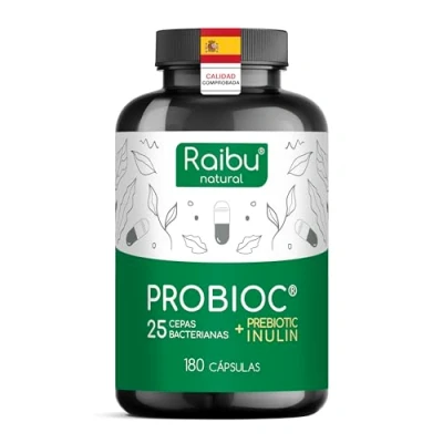 Imagen de Probióticos y prebióticos intestinales 180 cápsulas, 25 cepas bacterianas + Inulina, 60 Mil Millones UFC Lactobacillus, Bifidobacterium, Máxima concentración