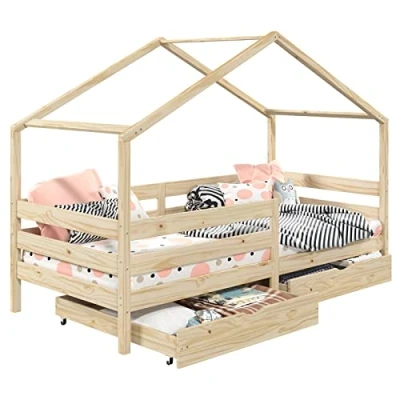 Imagen de IDIMEX cama Ena de pino macizo, bonita Montessori 90 x 200 cm, cuna con protección anticaídas, estable techo y 2 cajones en color natural