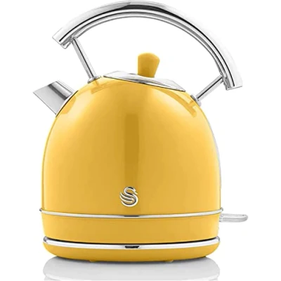 Imagen de Swan retro hervidor de agua 1,8l, tetera eléctrica, resistencia oculta acero inoxidable, inalámbrico, sin cable, diseño vintage, apagado automático controlador strix , amarillo, 2200W
