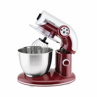 Imagen de H.Koenig KM80 Cocina Profesional Multifunción 5.5L Acero Inoxidable Rojo, Robot pastelero de 4 Velocidades, Batidor, Mezclador, Gancho Amasador, Tapa Antisalpicaduras, Potente 1000W, 1000 W
