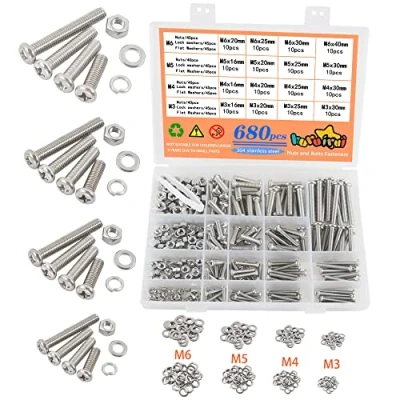 Imagen de 680 Piezas M3 M4 M5 M6 Juego de Tornillos y Tuercas Acero Inoxidable 304 Cruzar Tornillo Mecanico Cabeza Redonda Arandelas Botón Kit Surtido