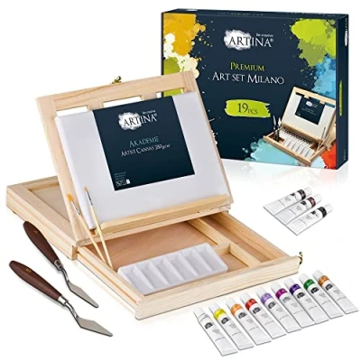 Imagen de Artina Milano Kit de pintura Lote con caja madera, 19 unidades Estuche maletín caballete, lienzo, 12 x ml, colores acrílicos, pincel
