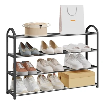 Imagen de eSituro Zapatero de 4 Capas, Organizador Zapatos Metal y PP, Estanteria Metalica para 12 16 Pares Zapatos, Sala Estar, Entrada Patio, Negro+Gris SSHR0022