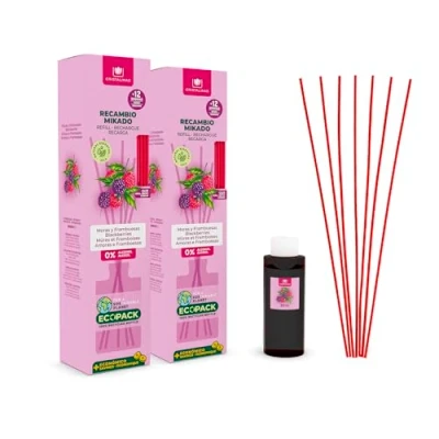 Imagen de CRISTALINAS Pack 2 Recambio Ambientador Hogar Mikado + Cañas Aroma Moras y Frambuesas Ideal para casa oficina 100% Puro Larga Duración 12 Semanas 2x85ml 0% Alcohol