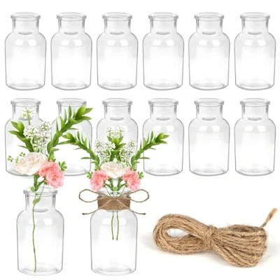 Imagen de YSWOVUO Juego de 12 Mini Jarrones Cristal, 125ml para Flores con Cuerda Yute, 5.5x10.3cm Decorativos, Botellas Cristal Decoración Mesa Boda, Aptos Lavavajillas
