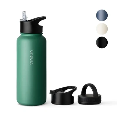 Imagen de Vinsun Botella Agua Acero Inoxidable 1L Termica con Pajita (3 Tapas) sin BPA, Doble Pared, Prueba de Fugas Cantimplora para Deporte, Oficina, Viaje