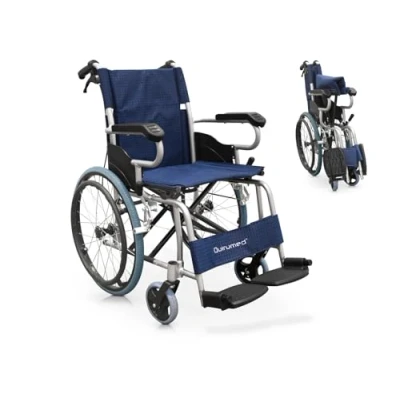 Imagen de QUIRUMED Silla de Ruedas ligera plegable aluminio, Asiento 44 cm, Reposapiés abatibles, macizas, Frenos mano y en manetas, Para mayores, minusválidos