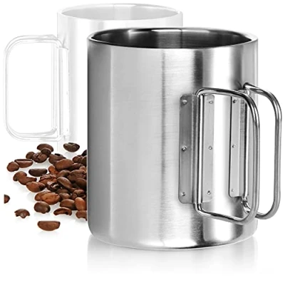 Imagen de com four® Taza de café Acero Inoxidable térmica 304 300 ml con asa Plegable aislada Doble Pared Sin BPA (Plata 300ml 1 Pieza)