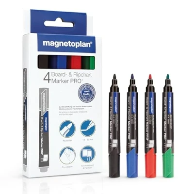 Imagen de magnetoplan rotulador para pizarra y flipchart PRO+, 4 piezas, todoterreno con punta redonda en colores fuertes, ancho de trazo 1,5 3 mm, pizarras blancas papel