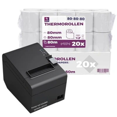 Imagen de papel térmico 80x80 Rollo para impresora termica Rollos de tickets 80mm 80x80x12 caja registradora negocio y bar (20 ud.)