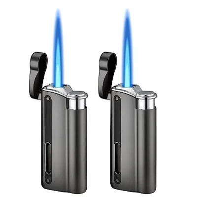 Imagen de Mechero de gas recargable, 2 unidades, con ventana visible, resistente al viento, para chimenea, horno (negro, se vende sin gas)