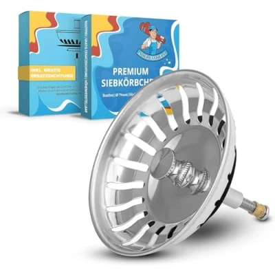 Imagen de ABFLUSSHELD Cesto colador Fregadero 82mm de Acero Inoxidable con tapón también para Blanco Recambio Cocina Regulable en Altura