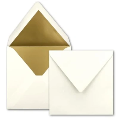 Imagen de 50 sobres cuadrados de 15,5 x cm, blanco natural, forrados con papel dorado, adhesivo húmedo, FarbenFroh by GUSTAV NEUSER