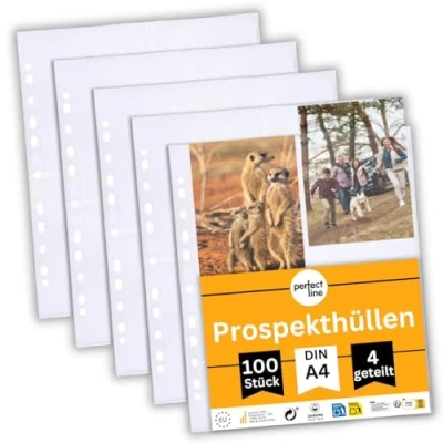 Imagen de perfect line 100 fundas para guardar transparentes A4, divididas en 4 partes A6, lámina transparente con inserción por el alto