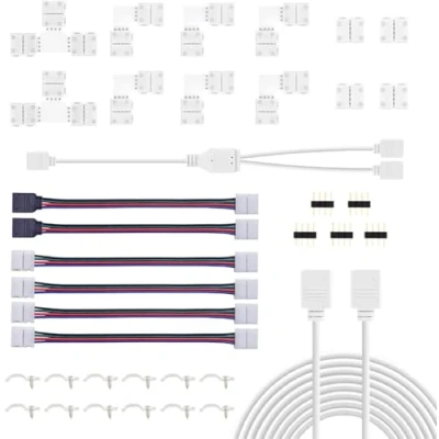 Imagen de REDTRON Conector de tira LED,Conector LED RGB 10mm que incluye 6x conectores en forma L, 4x 4 pines sin espacios, Cable divisor 2 vías, puentes tiras