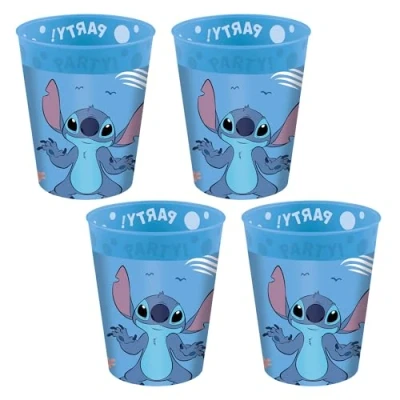 Imagen de Procos Vaso de plástico Stitch y Angel, 4 piezas, reutilizable, vajilla fiesta para cumpleaños o temática