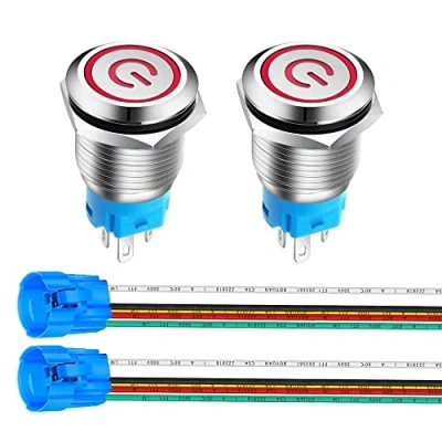 Imagen de Gebildet 2piezas 16mm Enclavamiento Pulsador de Botón Metálico Interruptores Acero Inoxidable Impermeable Plana Top ON/OFF 12V 24V 5A con Enchufe Cable(LED Rojo)