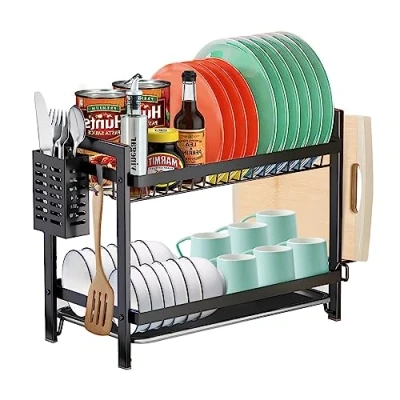 Imagen de MXTIMWAN Escurridor de Platos, Escurreplatos Acero Inoxidable Cocina, Escurre Platos Armarios, 2 Niveles Fregadero con Soporte para Tabla Cortar et Bandejas Goteo, Negro