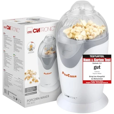 Imagen de Clatronic PM 3635 palomitero eléctrico, para el hogar, preparación rápida incl. bandeja porcionadora, sin grasa ni aceite, 1200 vatios, blanco