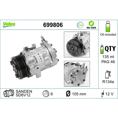 Imagen de VALEO REMANUFACTURED 699806 compresor de Aire Acondicionado SD6V12 12 PAG 46 R 134 a con aceite OPEL: Zafira A, Astra G Berlina