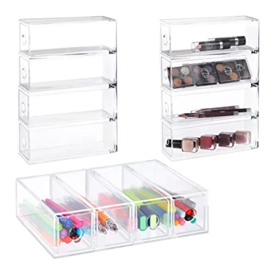Imagen de Relaxdays Caja de cajones (3 Unidades) Organizador Maquillaje Acrílico, 6x25x17,5cm, Vertical, Horizontal, Cosméticos, Material Oficina, Transparente