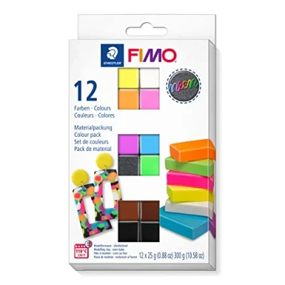 Imagen de STAEDTLER 8013 C12 3 FIMO Effect Colour Pack Arcilla polimérica para modelar de secado al horno. &quot;Neon&quot; con 12 medias pastillas 25g (colores surtidos) e instrucciones