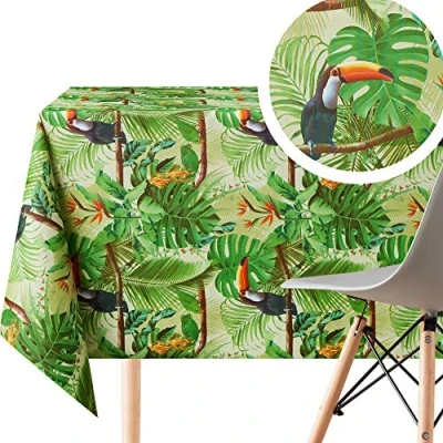 Imagen de KP HOME Mantel Hule Mesa Rectangular Grande 300x140 Tropicales Selva de Palma y Tucán PVC Verde Patrón Hojas Botanico Plástico Fácil Limpiar Impermeable Hules para Mesas