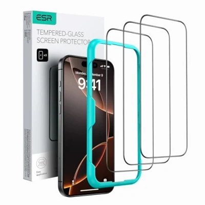 Imagen de ESR Protector Pantalla para iPhone 16 Pro, 3 Unidades, Película Cristal Templado, Herramienta Instalación Fácil, Dureza 9H, Protección Grado Militar, Transparencia HD, Resistente a Arañazos