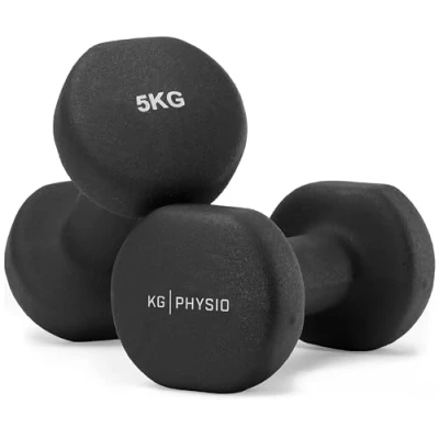 Imagen de KG PHYSIO Mancuernas y Póster A3 con Ejercicios Ejemplo Forro de Neopreno, Agarre Cómodo, Resistente al Sudor Tecnología Anti Roll 5kg, Negro