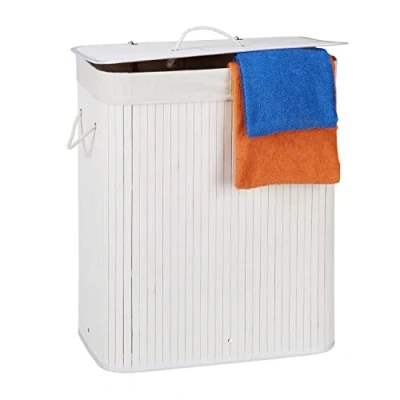 Imagen de Relaxdays Cesto Ropa Sucia con Tapa y 2 Compartimentos, Cubo Colada Plegable, Canasta, Bambú, 95 L, Blanco