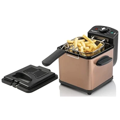 Imagen de Bestron freidora de aceite, mini para 1 ración patatas fritas, pescado o nuggets, incl. tecnología zona fría y control temperatura hasta 190C, con cesta acero inoxidable, cubre