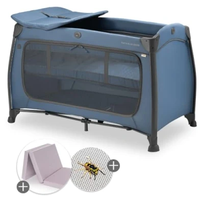 Imagen de hauck Play N Relax Center Cuna de Viaje Dos Alturas para Recién Nacidos, Set Bebe con Colchon y Mosquitera, Parque Infantil Cambiador Ruedas, Cama Azul
