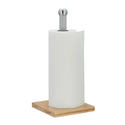 Imagen de Relaxdays Portarrollos Cocina Vertical, Bambú y Acero Inoxidable, Soporte Rollos Cuadrado, 35 x 16 cm, Natural/Gris