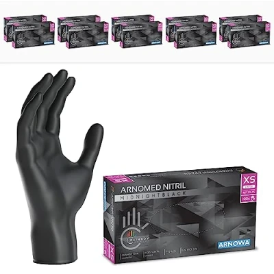 Imagen de ARNOMED guantes nitrilo negro talla XS, de nitrilo, 10 cajas (1000 uds), negros sin polvo y látex, desechables, mecanico en S, M, L, XL, XXL