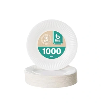 Imagen de BEST PRODUCTS 1000 Platos Desechables Cartón Ecológicos Biodegradables Compostables y Reciclables Para Fiestas Cumpleaños Comuniones o Eventos Redondos Llanos Ø 18 cm