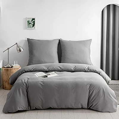 Imagen de Kono DC 2 135 GY Juego de Funda nórdica con Cremallera y alzapaños Fundas Almohada 80 x cm Cierre Solapa (Gris, 200 1 Pieza)
