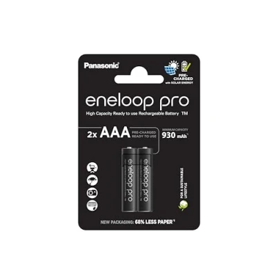 Imagen de eneloop Pro, Pilas Recargables AAA/Micro, Paquete de 2, Capacidad mín. 930 mAh, Ni MH, Listas para Usar, hasta 500 Veces, Embalaje sin plástico, Negras