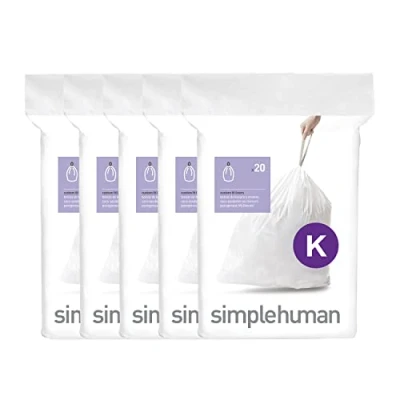 Imagen de simplehuman Code K bolsas de basura con 100 50% recicladas ajuste personalizado en paquetes dispensadores asa cordón duradera, 35 45 L, color blanco