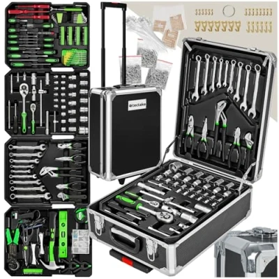 Imagen de TecTake® Maletín Herramientas Profesional con 1200 Piezas, Carro Asa Telescópica, Caja Completa 4 Niveles, de Taller Mecánico, Bricolaje Negro