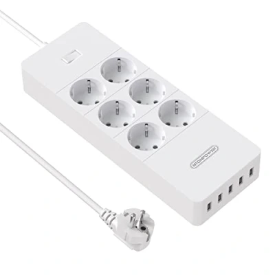 Imagen de Regleta Enchufes Proteccion Sobretension, NTONPOWER USB 4000 W, Inteligente con 6 y 5 USB, Interruptores Individuales, Alargador Enchufe, Protección para Niños