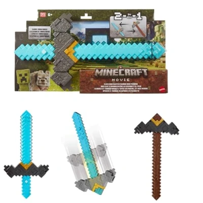 Imagen de Mattel Minecraft Espada transformable en Pico 2 1 Juguete Que se Activa al Hacer Clic un botón y Cambia de Forma, Accesorio Inspirado “Una película Minecraft, JFR72