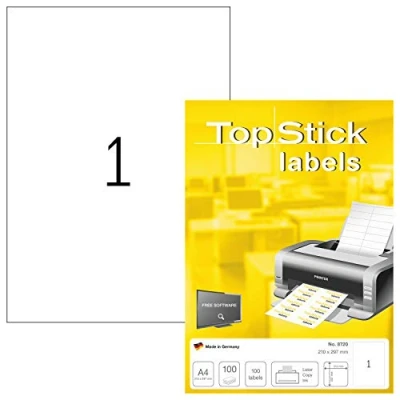 Imagen de TopStick 8720 Etiquetas universales A4 grande, paquete de 10 (210 x 297 mm, 1000 hojas, papel, mate) autoadhesivas, imprimible, pegatinas dirección permanentes, adhesivos blancas