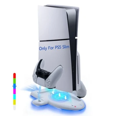 Imagen de Mcbazel Stand y PS5 Slim para Consola Playstation 5 Solamente, Base de Enfriamiento RGB 3 Velocidades Ajuste, Estación Carga Dual Controladores con Función Memoria