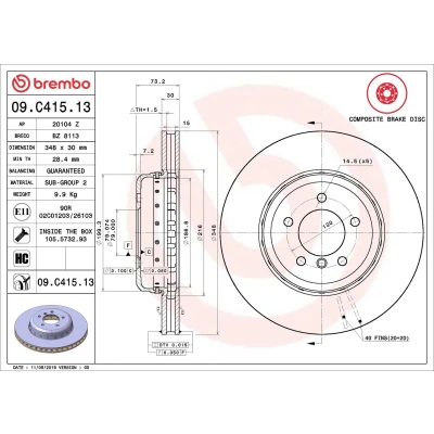 Imagen de BREMBO 09.C415.13 disco de freno 348 30 5 dos piezas, ventilación interna revestido altamente carbonizado con tornillos