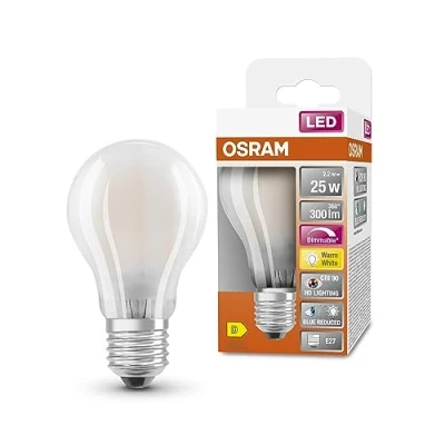 Imagen de OSRAM Lámpara LED SUPERSTAR+ CLASSIC A GLFR 25, E27, forma bombilla, 2,2W, 300 lm, 2700 K, luz blanca cálida, componente azul muy reducido, fatiga ocular reducida, regulable, optimo consumo de energía