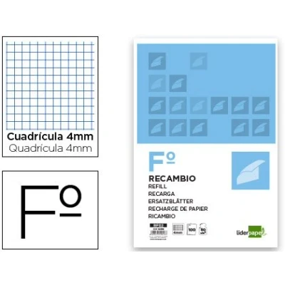 Imagen de RECAMBIO LIDERPAPEL FOLIO 100 HOJAS 60G/M2CUADRO 4MM CON MARGEN SIN TALADROS
