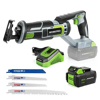 Imagen de WORKPRO Sierra Sable Inalámbrica, Alternativa 20V, de con LED, Incluye 4 Hojas Sierra, Batería 4,0 Ah, Cargador Rapido, Velocidad Variable para Cortar Madera y Metal