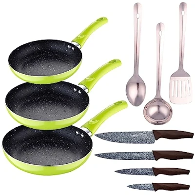Imagen de Set 3pc sarten (20+24+28cm) aluminio prensado verde con 3 pc utensilios cocina acero inoxidable 4pc cuchillos